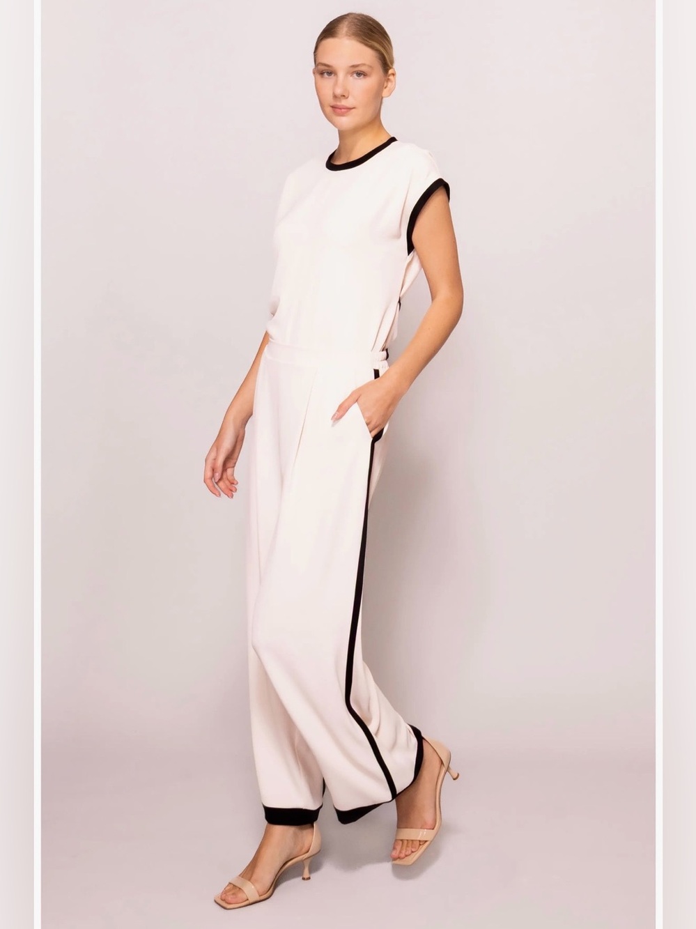 MELLODAY Side Stripe Cream Wide-Leg Pants with Black Trim